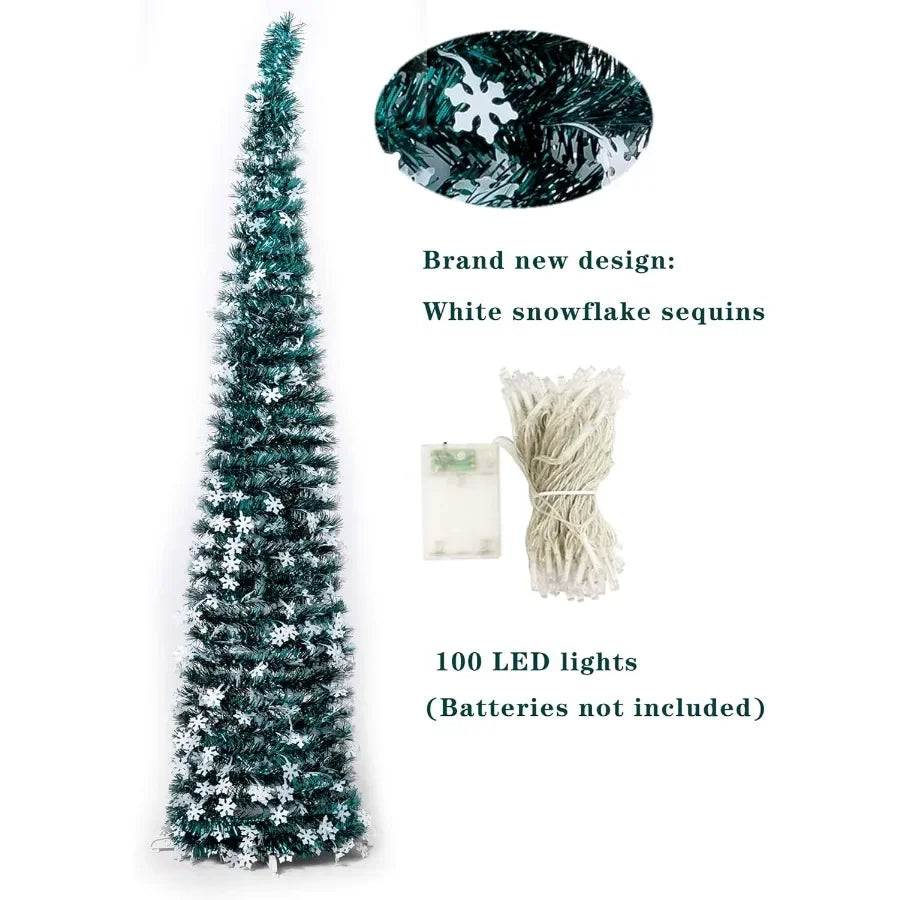 Pine tree with snowflake sequins, packaging, and LED lights on a white background