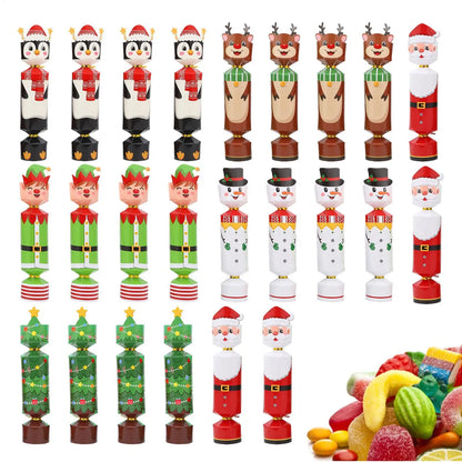Collection of Christmas-themed nutcrackers with various characters including penguins, reindeer, elves, snowmen, and Santa Claus, arranged against a white background.