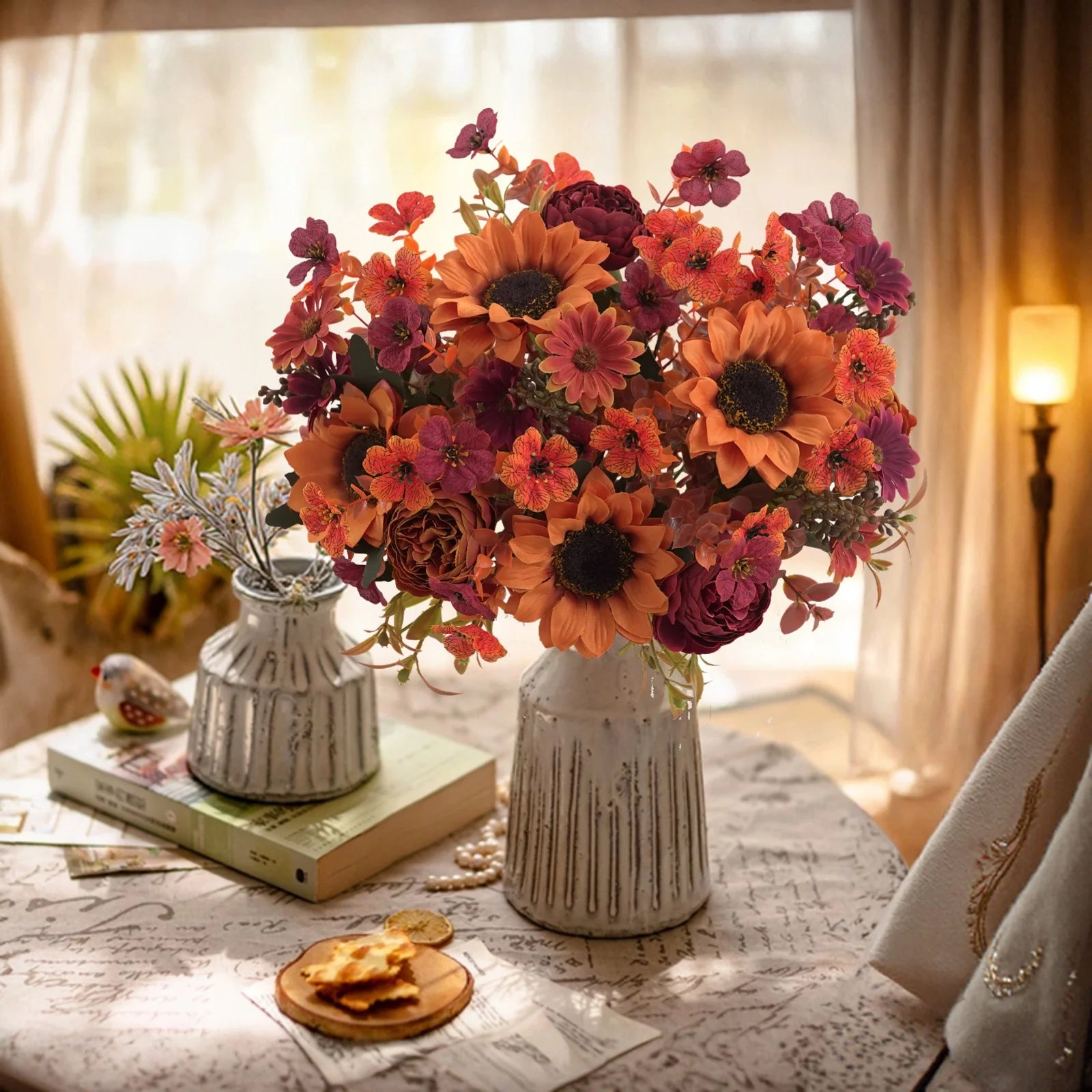 Bouquet of flowers in a vase on a table with a soft, warm background