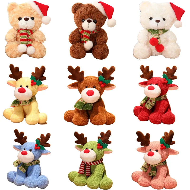 Set of Christmas-themed plush toys including bears and reindeer with colorful scarves and hats.