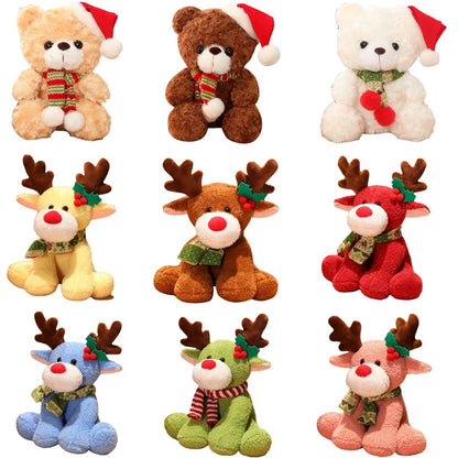 Set of Christmas-themed plush toys including bears and reindeer with colorful scarves and hats.