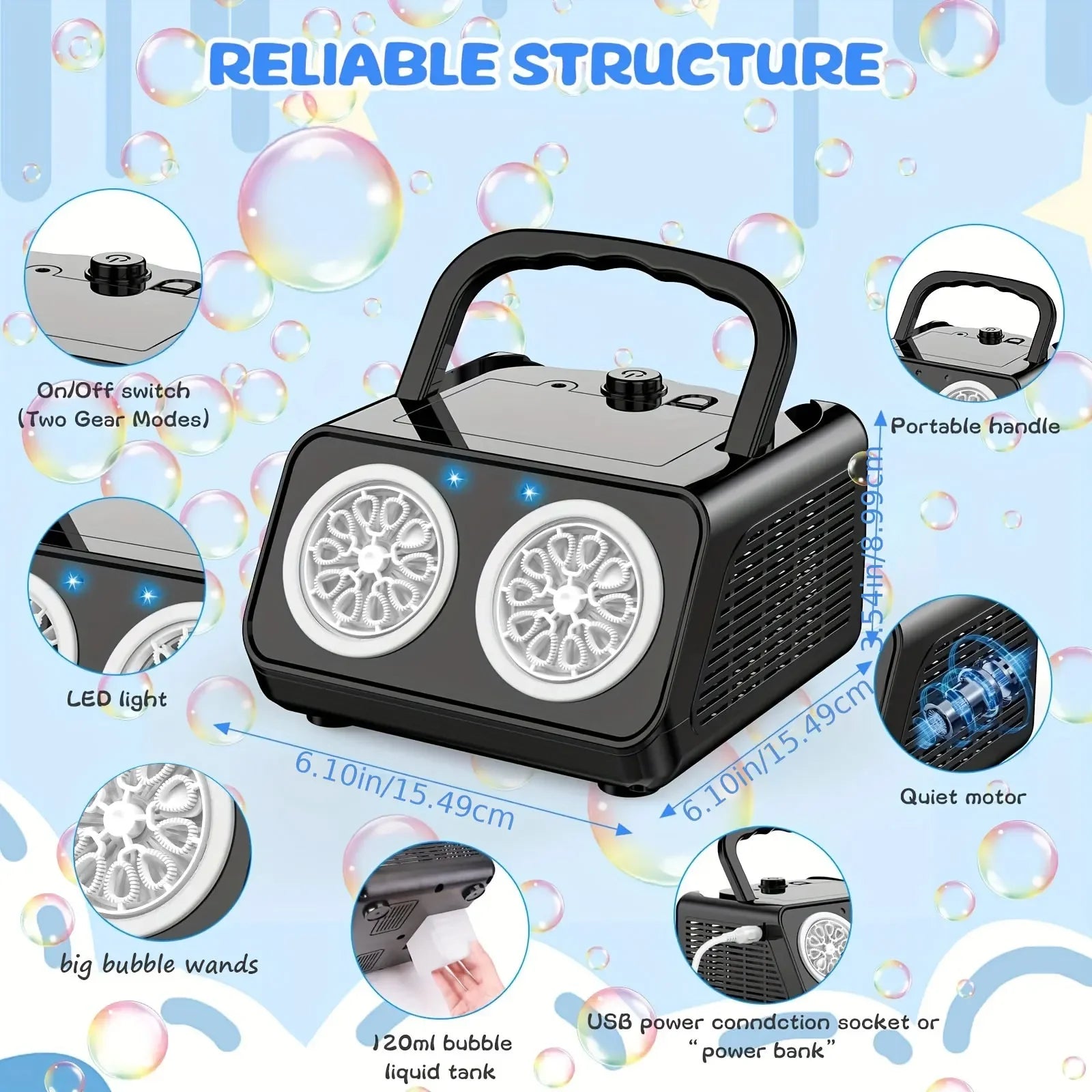 Portable bubble machine with features highlighted on a bubble-themed background
