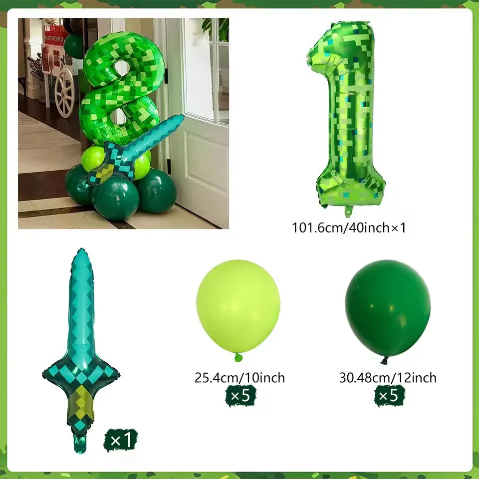 Minecraft creeper balloon in an 8 and 1 and diamond sword balloon and green balloons with white background.