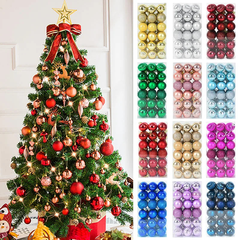 Decorated Christmas tree with colorful ornaments and a collection of various colored Christmas balls.