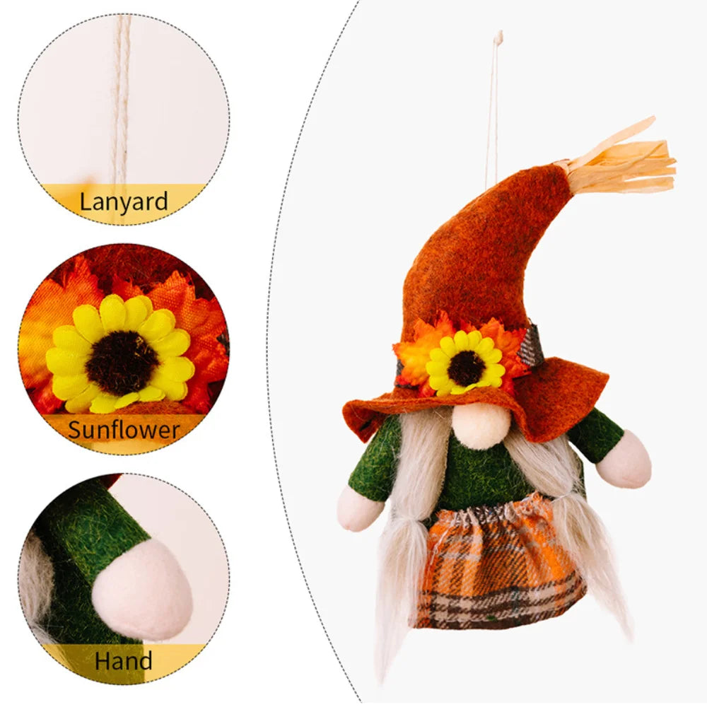 Decorative gnome with sunflower hat and plaid skirt, showing lanyard, sunflower, and hand details.