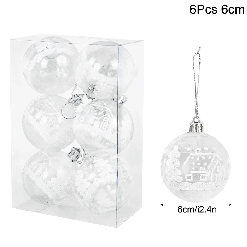 Clear Christmas ball ornaments with house designs in a packaging box, showing size 6cm.