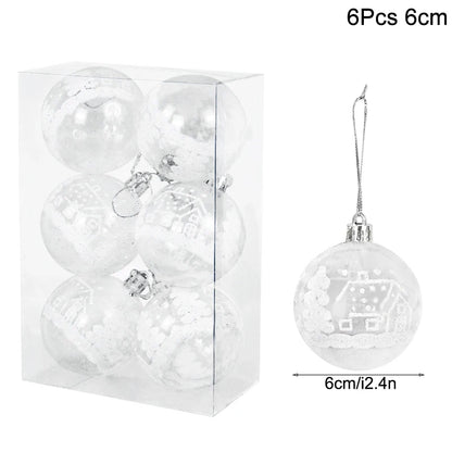 Clear Christmas ball ornaments with house designs in a packaging box, showing size 6cm.