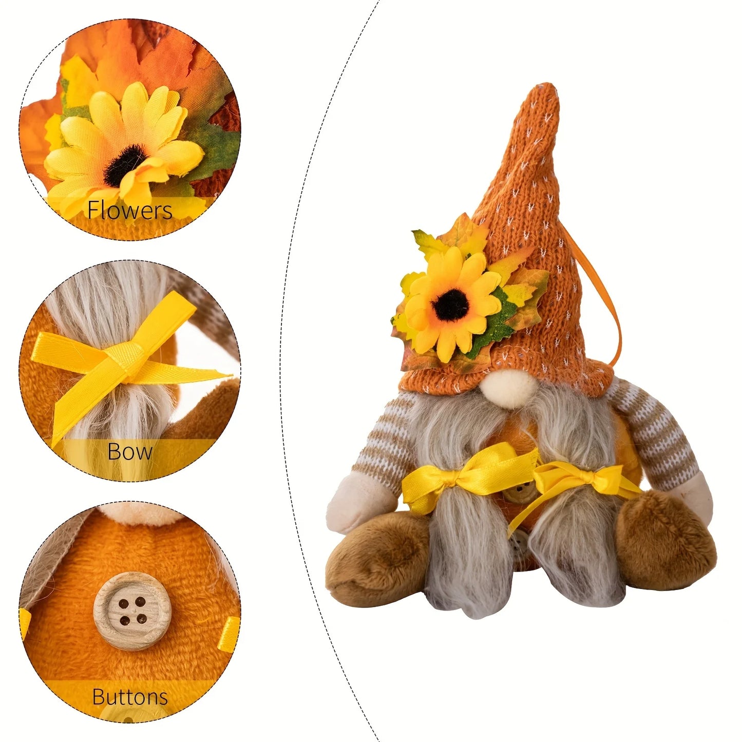 Decorative gnome with sunflower hat and yellow bow, surrounded by close-ups of flowers, a bow, and buttons.