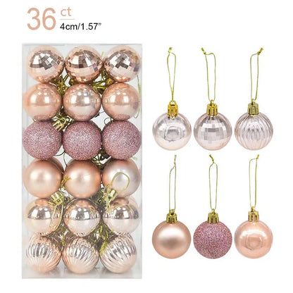 Packaging of pink and glittery Christmas ball ornaments with hanging loops.