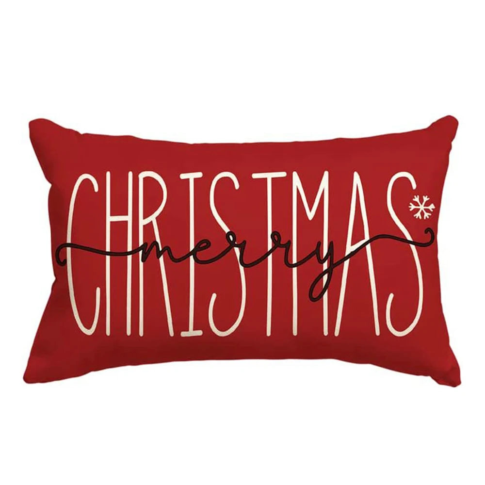 Red pillow with 'Merry Christmas' text on a white background