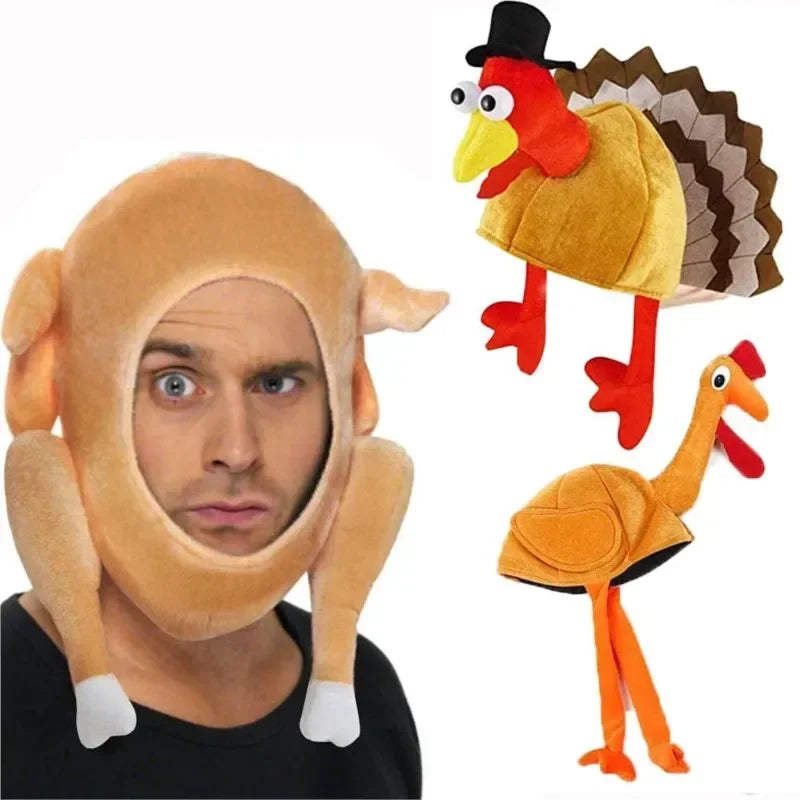 Person wearing a turkey head costume with inset images of a full turkey hat.