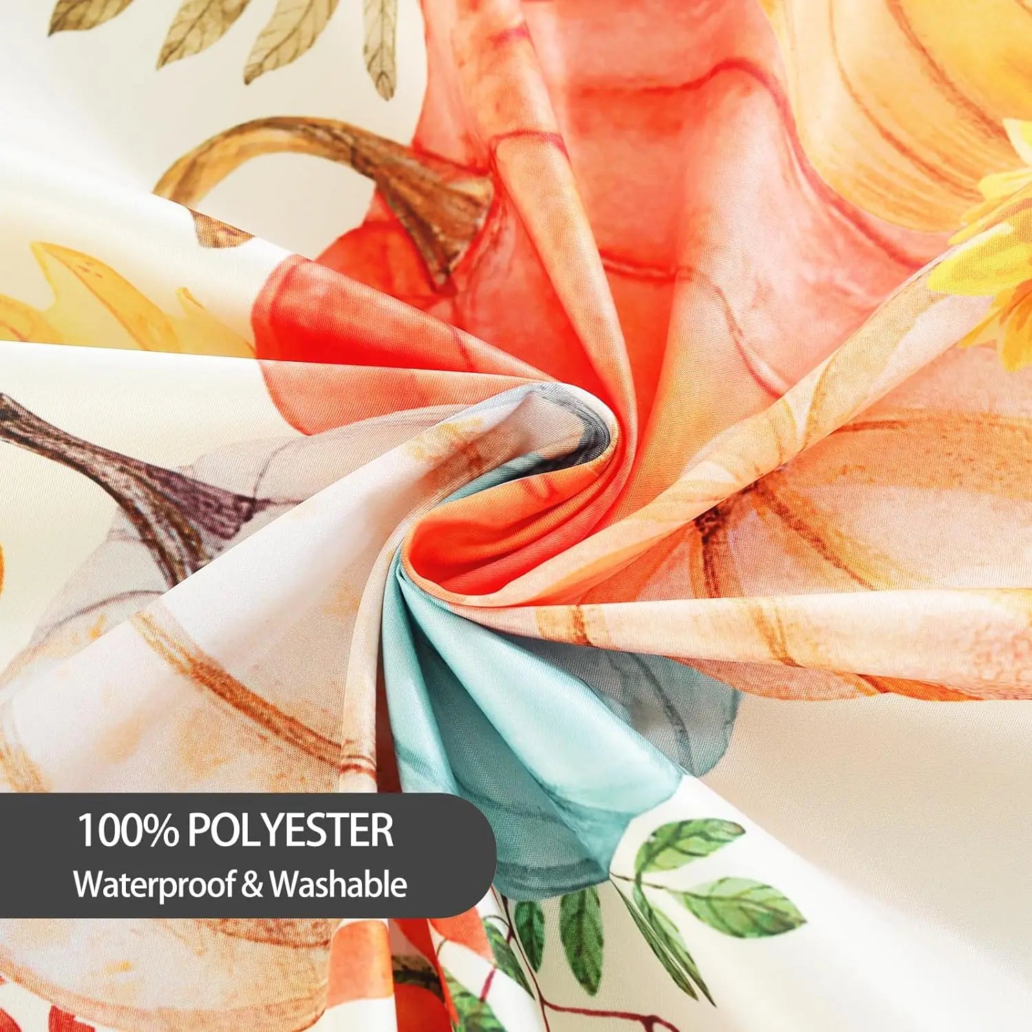 Colorful fabric with floral patterns and a label indicating 100% polyester, waterproof, and washable properties.