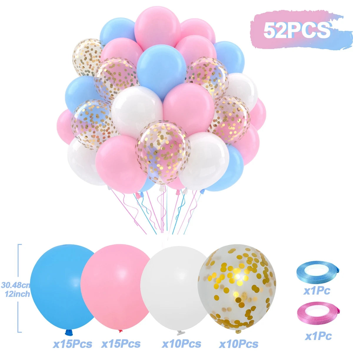 Set of 52 colorful balloons with confetti in various colors on a white background.