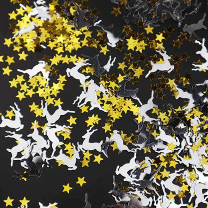 Confetti with star and dog shapes on a black background