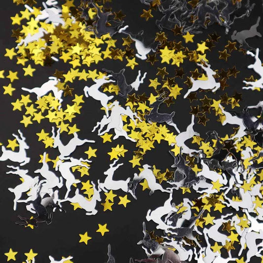 Confetti with star and dog shapes on a black background