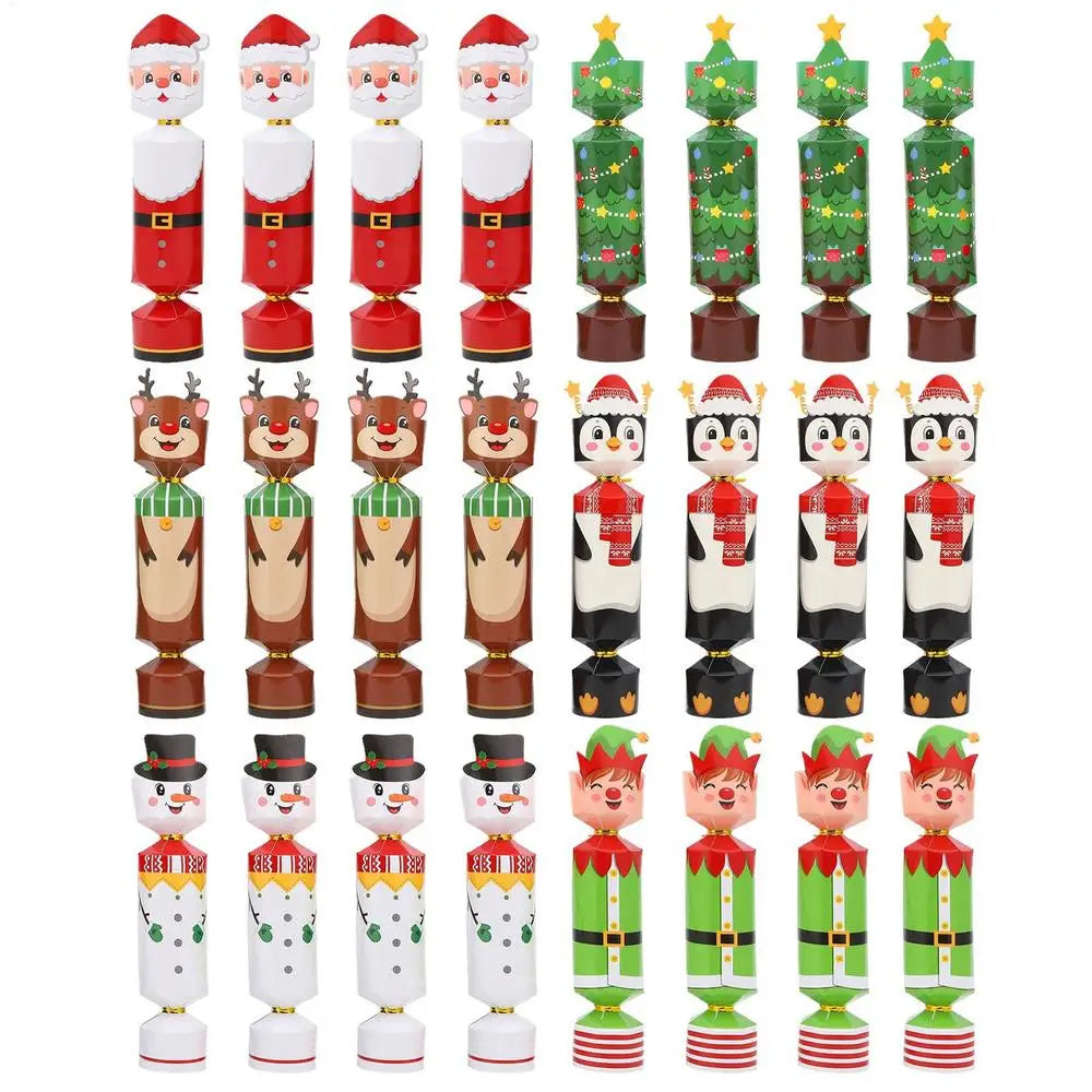 Set of Christmas-themed cracker figurines including Santa, reindeer, penguins, and elves on a white background.
