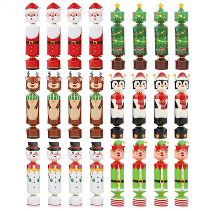 Set of Christmas-themed cracker figurines including Santa, reindeer, penguins, and elves on a white background.