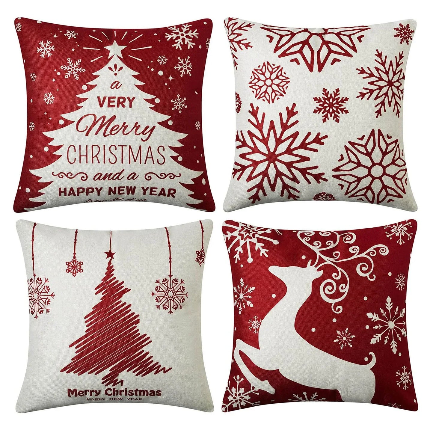 Four Christmas-themed pillows with red and white designs.