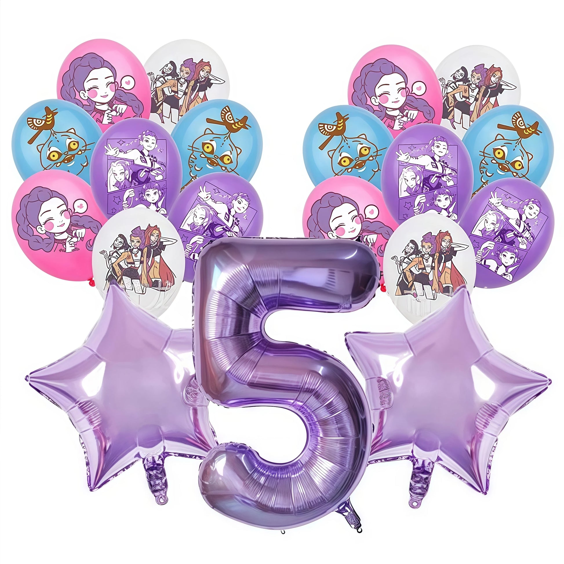 Balloon bouquet with number 5 and kpop demon hunters character balloons on a white background