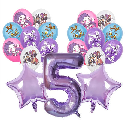 Balloon bouquet with number 5 and kpop demon hunters character balloons on a white background