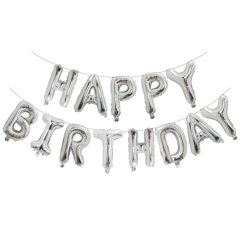 Silver 'Happy Birthday' balloon banner on a white background