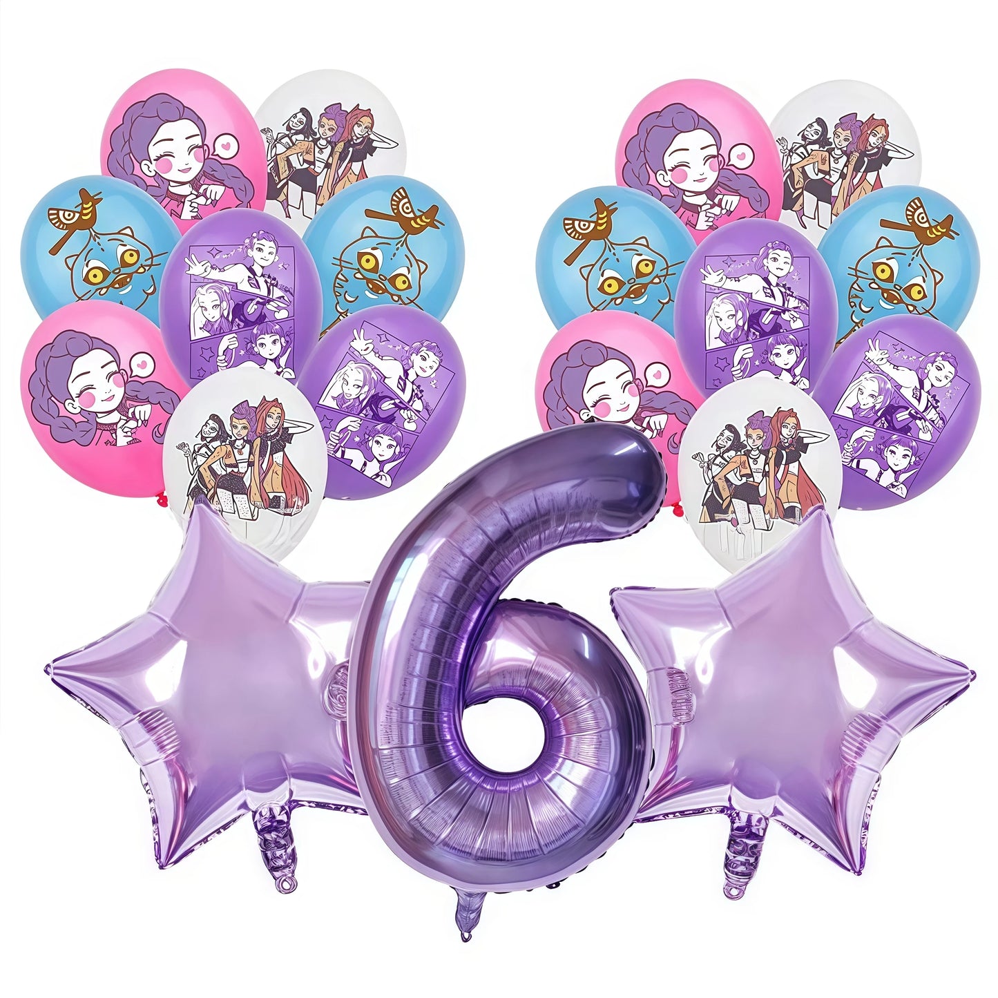 Set of balloons with kpop demon hunters characters and a number 6 balloon on a white background