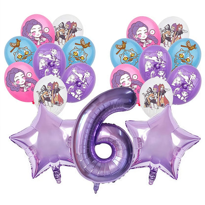 Set of balloons with kpop demon hunters characters and a number 6 balloon on a white background