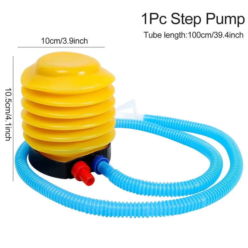 Yellow step pump with blue hose on a white background