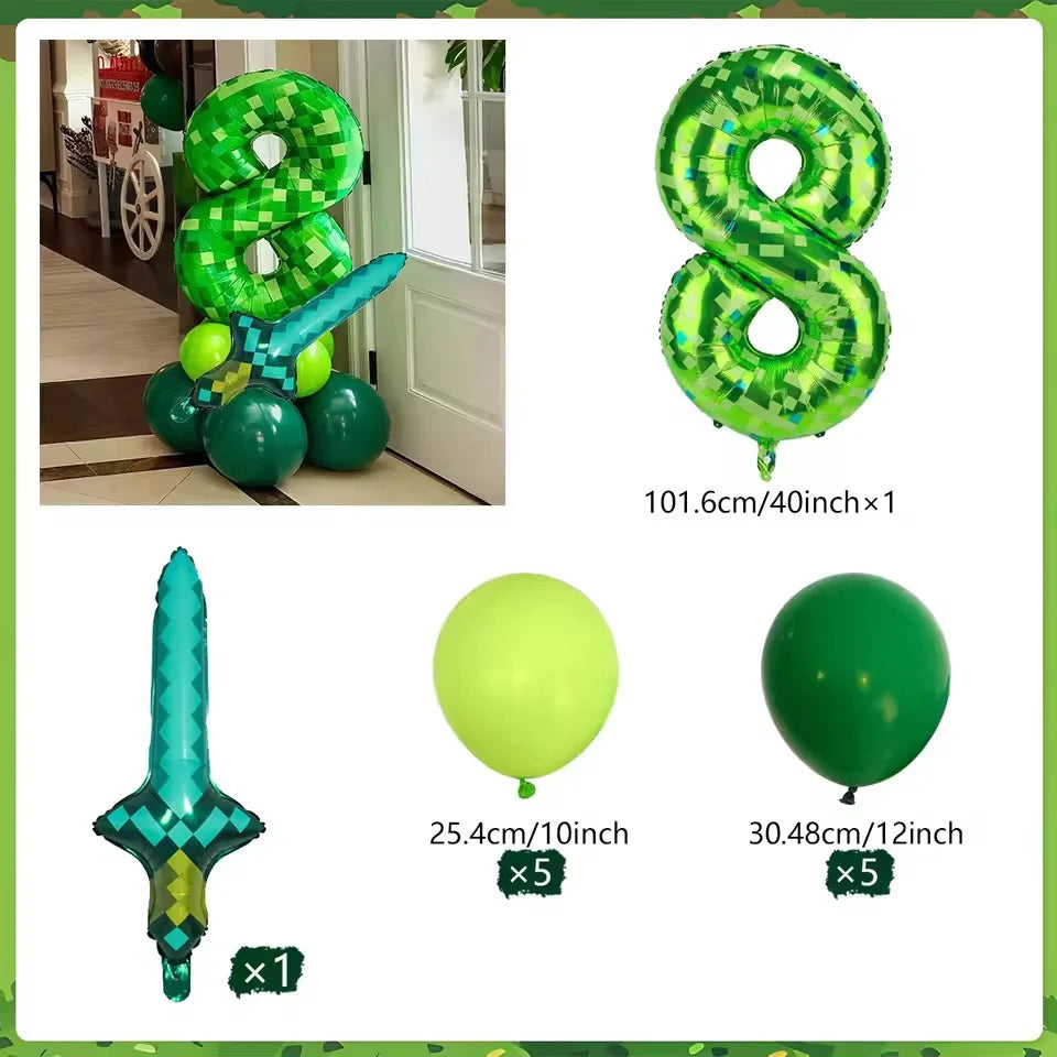 Two Minecraft creeper balloon in an 8 and diamond sword balloon and green balloons with white background.