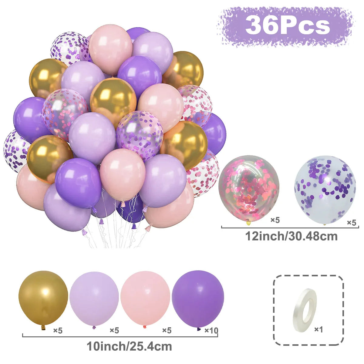 Set of 36 colorful balloons with confetti in various colors on a white background.