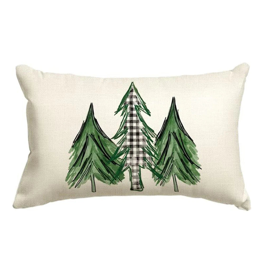 Decorative pillow with green trees and a plaid tree on a white background