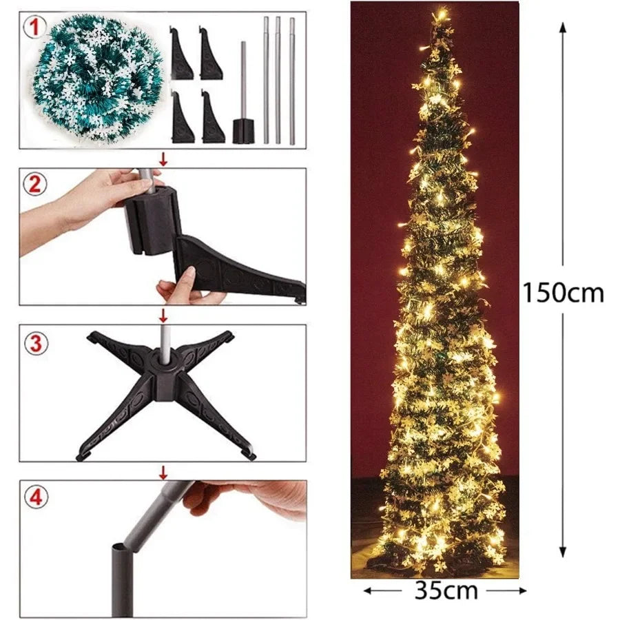Prelit Christmas tree with assembly instructions and dimensions on a white background