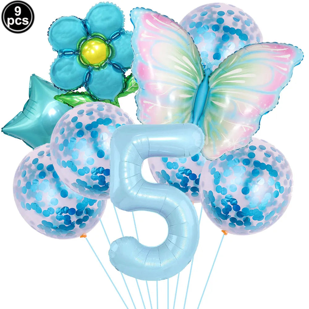 Set of colorful balloons including a butterfly, flower, and number '5' on a white background.