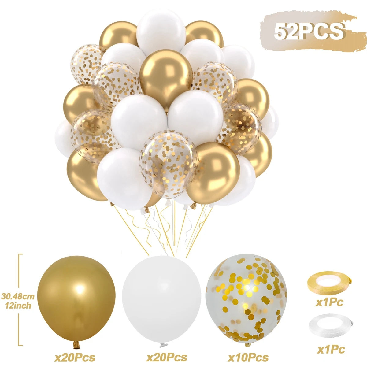 Set of gold, white, and confetti balloons with measurements and quantity details on a white background.