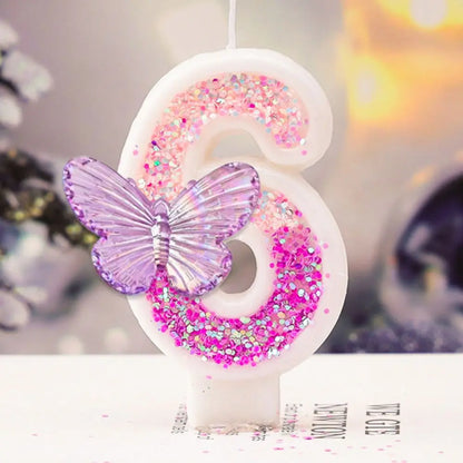 Decorative number '6' with pink glitter and a purple butterfly on a blurred background