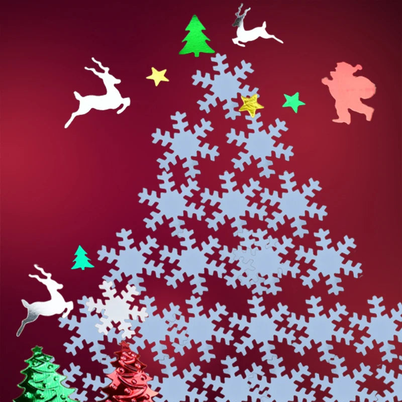 White snowflake Christmas tree design on a red background with reindeer, trees, and stars.