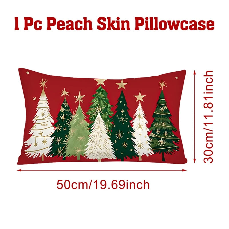 Peach Skin Pillowcase with Christmas tree design on a red background