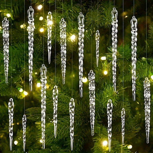 Decorative icicle ornaments hanging on a Christmas tree with blurred lights in the background.