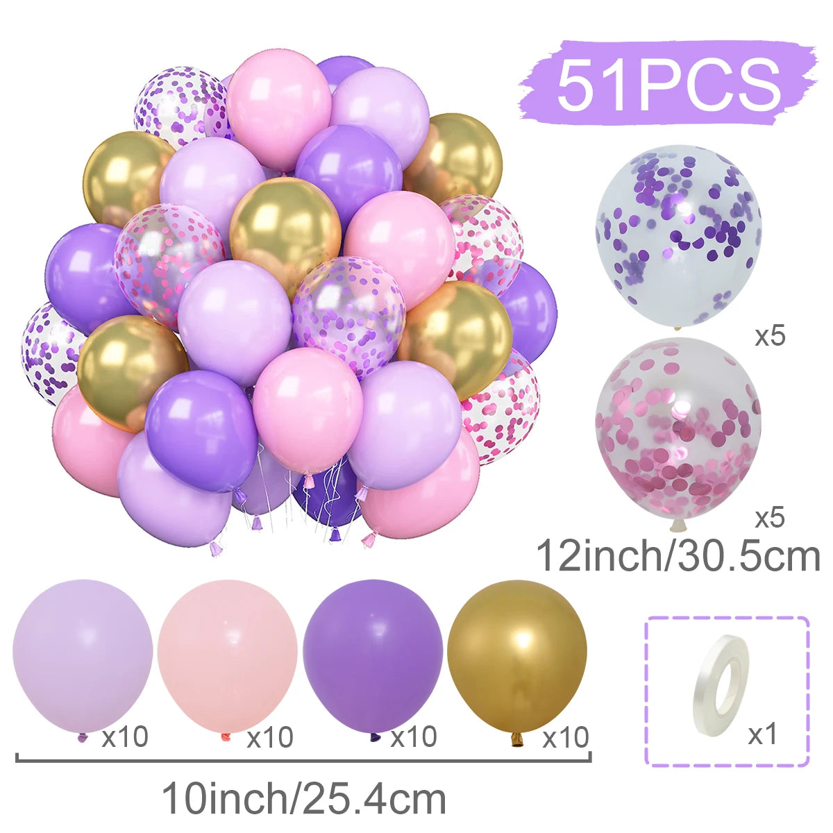 Assorted balloons including purple, pink, gold, and confetti balloons with quantity details.
