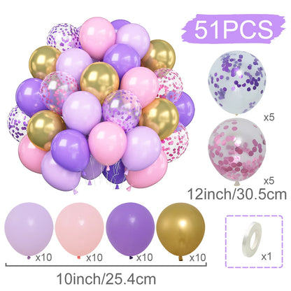 Assorted balloons including purple, pink, gold, and confetti balloons with quantity details.