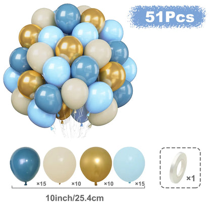 Set of 51 balloons in blue, gold, and beige with a measurement label on a white background.