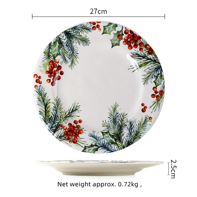 Decorative plate with holly design and measurements on a white background