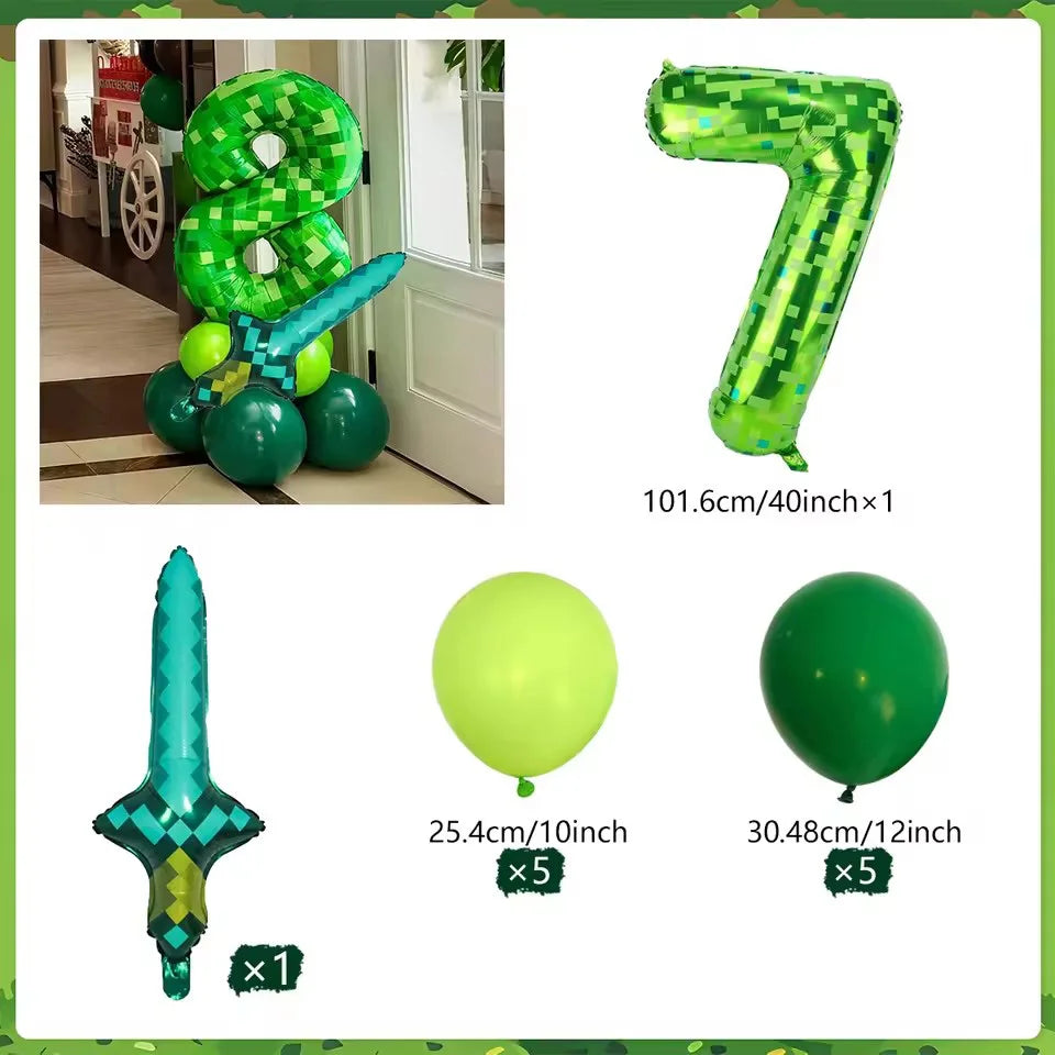 Minecraft creeper balloon in an 8 and 7 and diamond sword balloon and green balloons with white background.