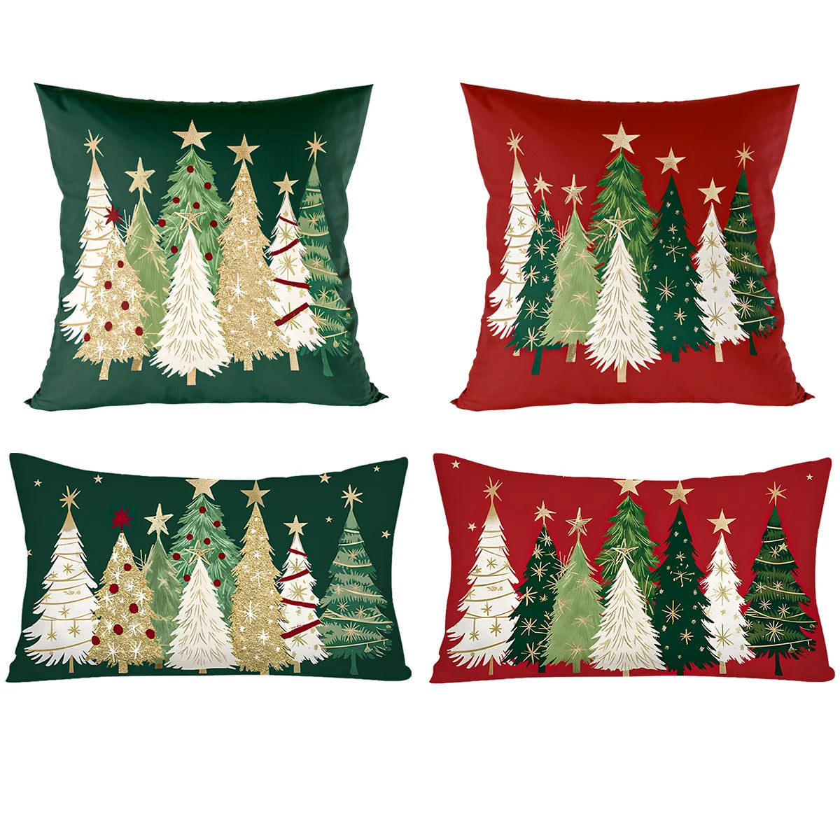 Four Christmas-themed decorative pillows with tree designs on a white background.