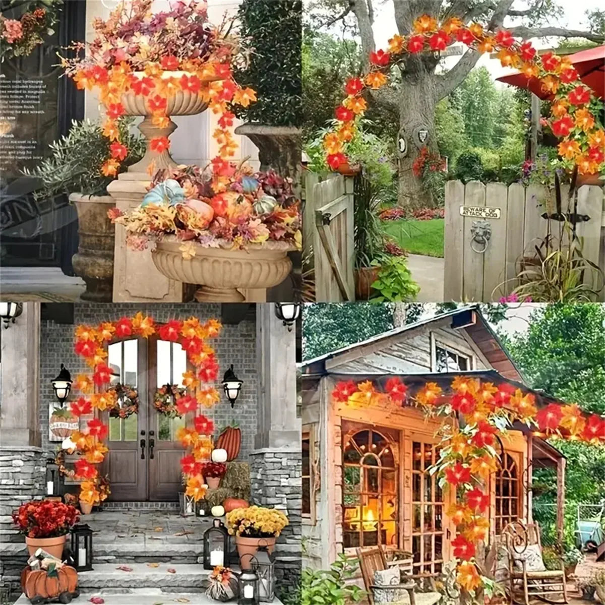 Collage of autumn decorations including wreaths, pumpkins, and floral arrangements.