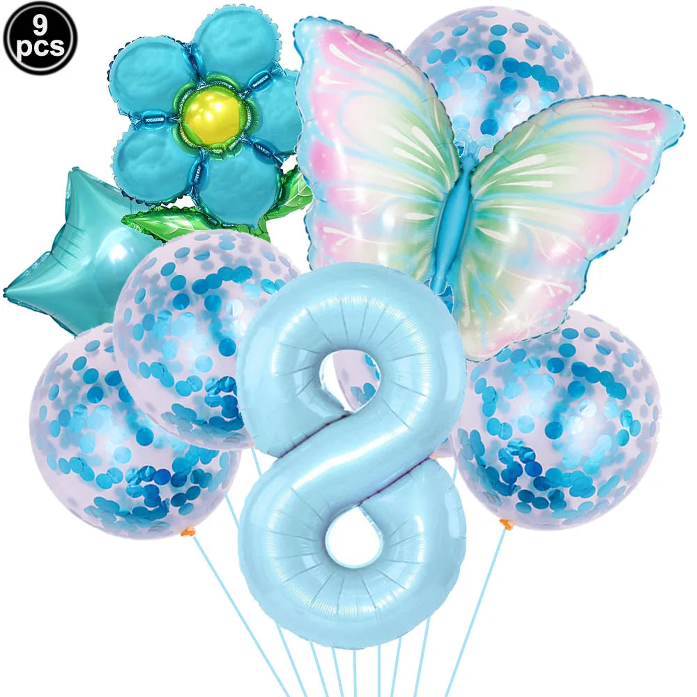 Set of decorative balloons including a butterfly, flower, and number '8' on a white background.
