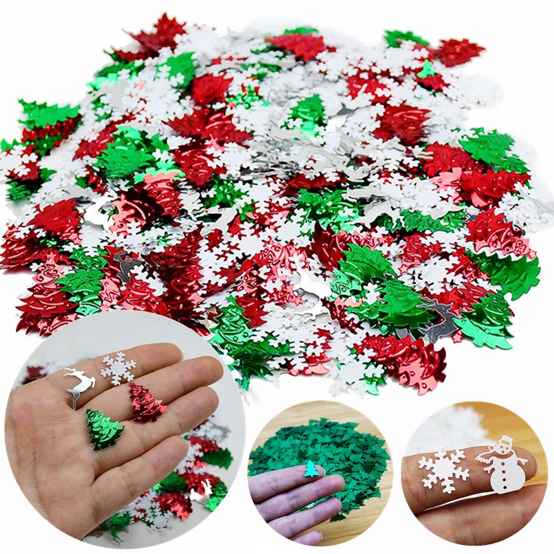Assorted red, green, and white decorative confetti with close-up examples on hands.