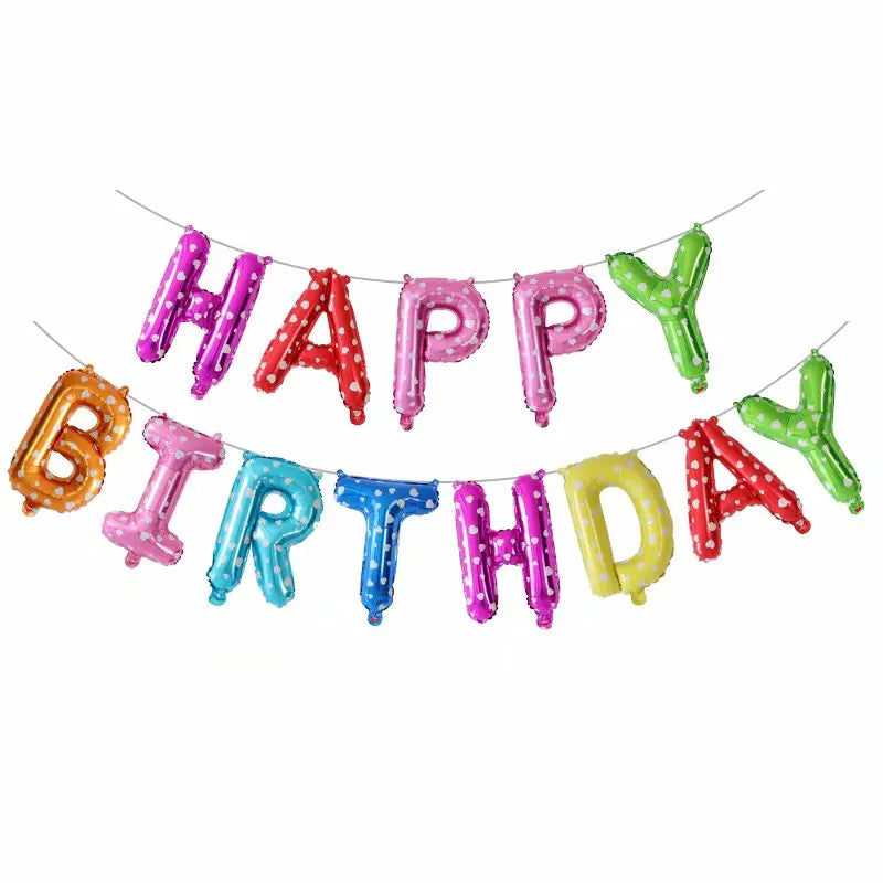 Colorful 'Happy Birthday' balloon banner on a white background