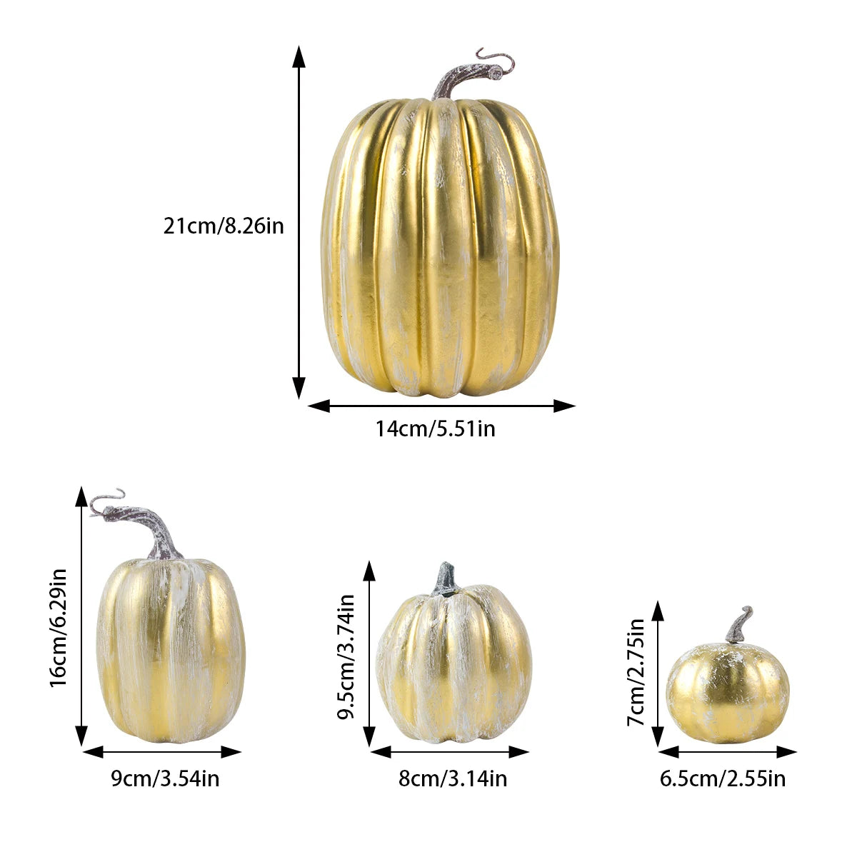 Gold decorative pumpkins with measurements on a white background