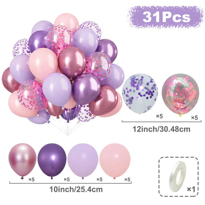 Set of 31 colorful balloons with sizes and quantities indicated on a white background
